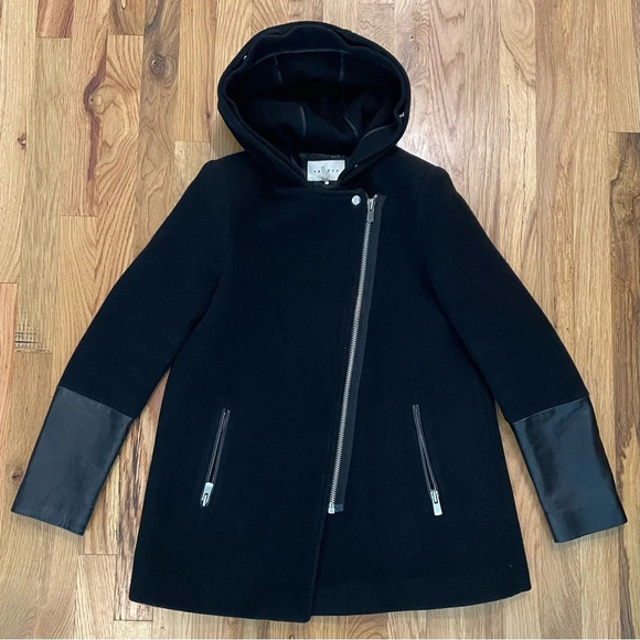 Sandro Black Wool & Lamb Leather Winter Coat Size 36 / Small - Picture 1 of 6